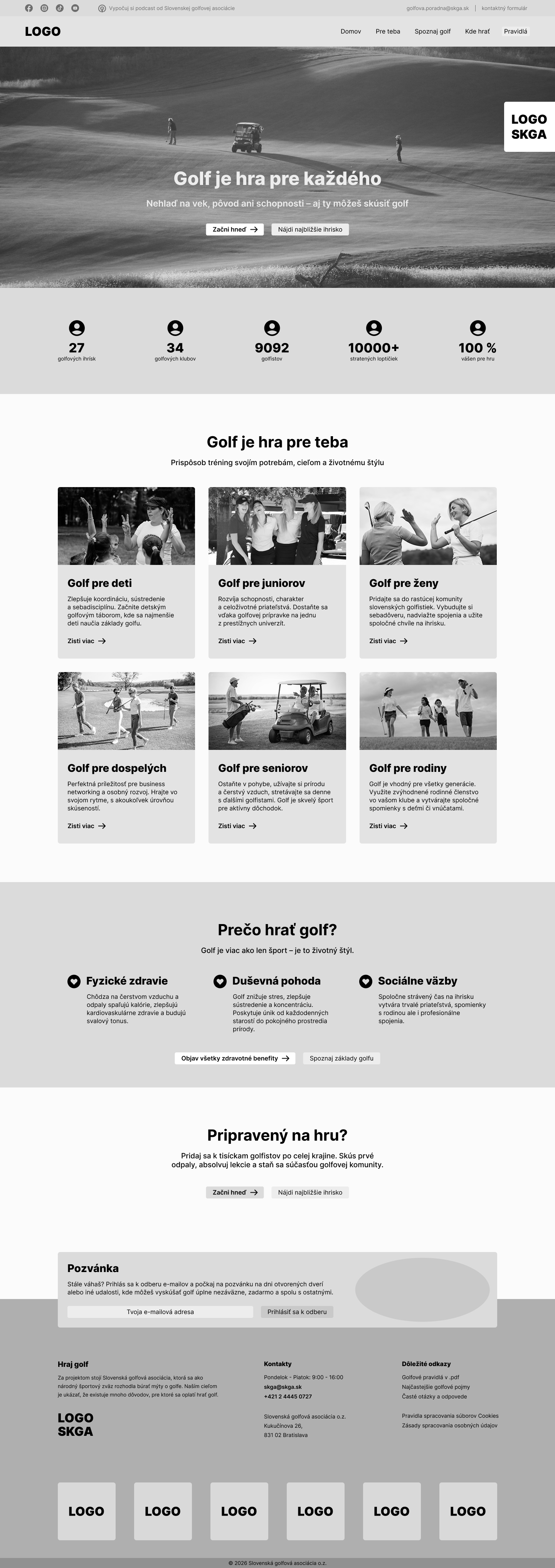 High-fidelity wireframe úvodnej stránky webu pre slovenskú golfovú asociáciu