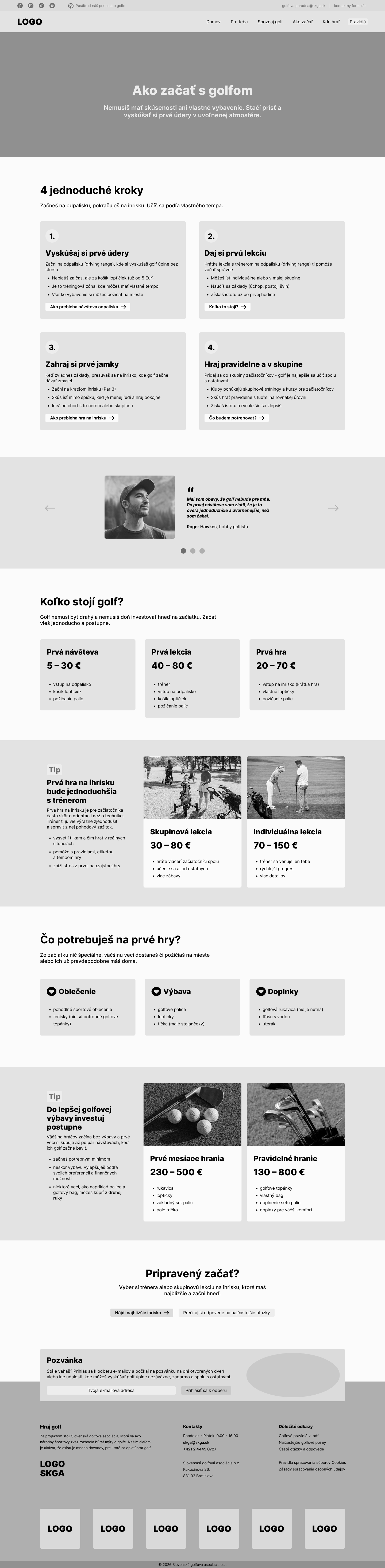 High-fidelity wireframe stránky webu pre slovenskú golfovú asociáciu s informáciami ako začať hrať golf