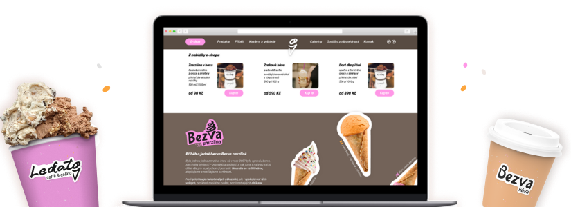 Ukážka vizuálnej identity, grafiky, webových stránok a marketingu pre gelatériu Ledato