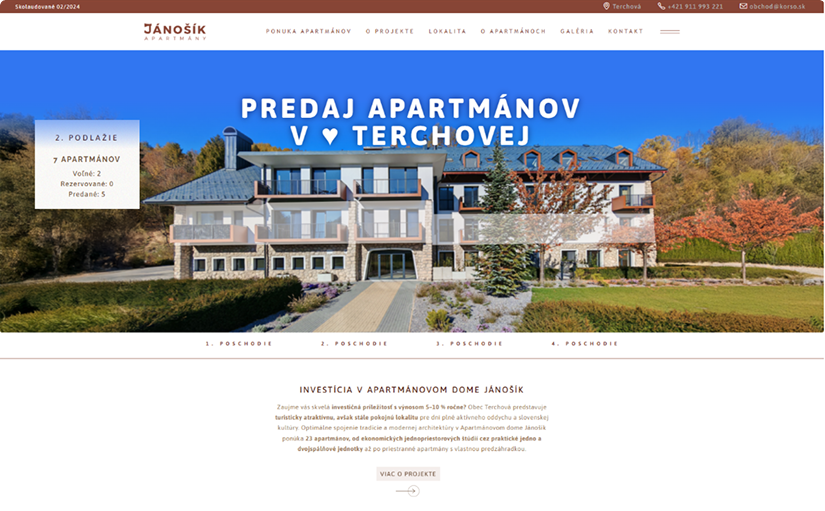 Návrh hero sekcie webovej stránky Apartmánového domu Jánošík o predaji s interaktívnym výberom poschodia