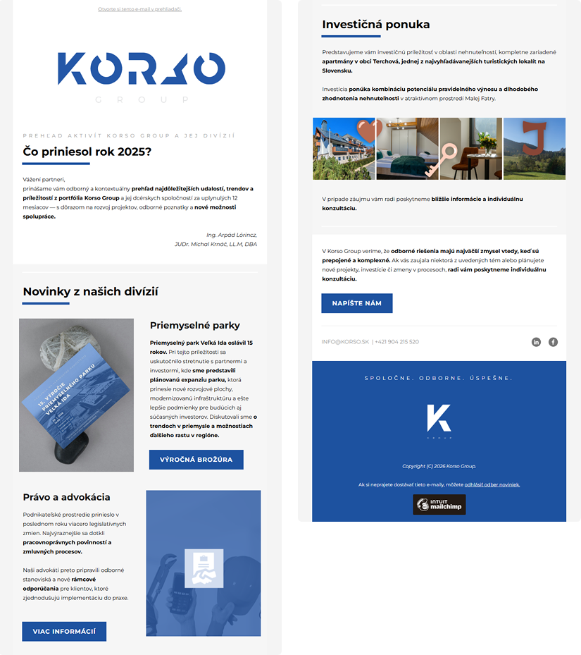 Návrh e-mailovej šablóny pre newsletter skupiny Korso Group