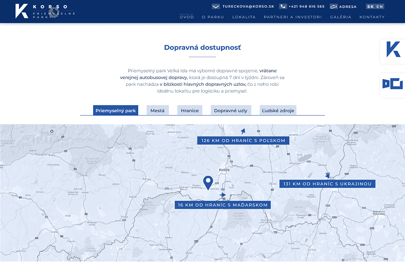 Návrh sekcie webstránky pre Priemyselný a logistický park Veľká Ida s interaktívnou mapou ukazujúcou dopravnú dostupnosť parku
