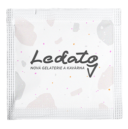Biely cukor s potlačou vzorky a logom gelatérie a kaviarne Ledato
