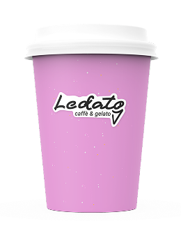 Predná strana kelímka na kávu to go s logom gelatérie a kaviarne Ledato