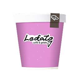 Zadná strana misky na balenú zmrzlinu s logom gelatérie a kavierne Ledato a štítok so symbolom