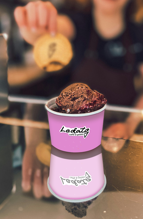 Predná strana misky na zmrzlinu s logom gelatérie a kaviarne Ledato