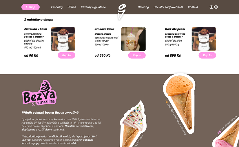 Návrh sekcie webu gelatérie a kaviarne Ledato s ponukou e-shopu a príbehom značky zmrzliny Bezva zmrzlina