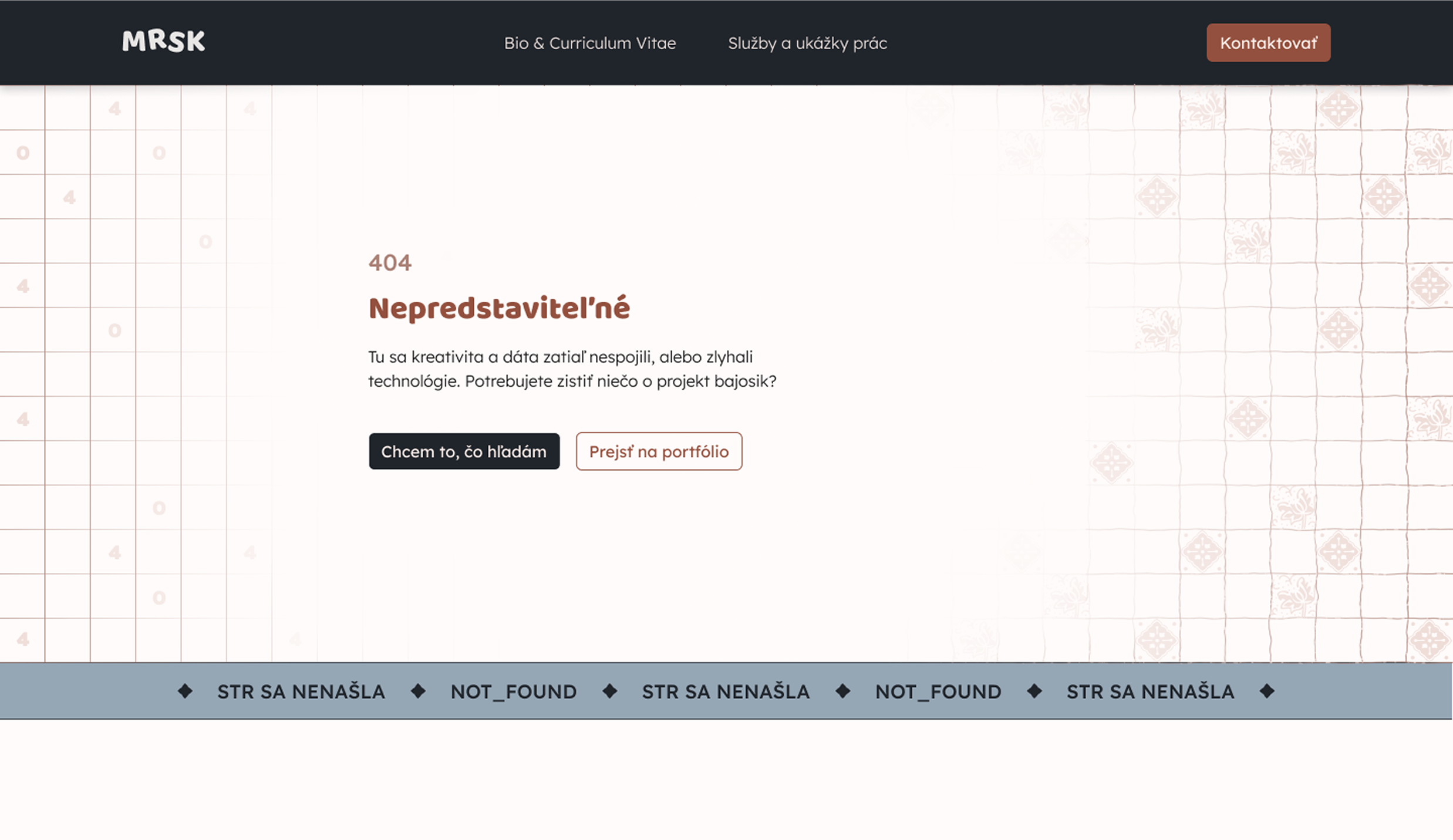 Prototyp chybovej stránky webu pre digitálneho dizajnéra MRSK