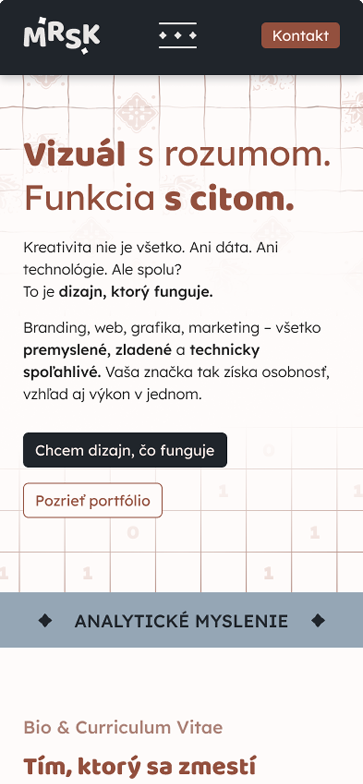 Časť prototypu úvodnej stránky webu pre digitálneho dizajnéra MRSK prispôsobenej mobilnému rozhraniu